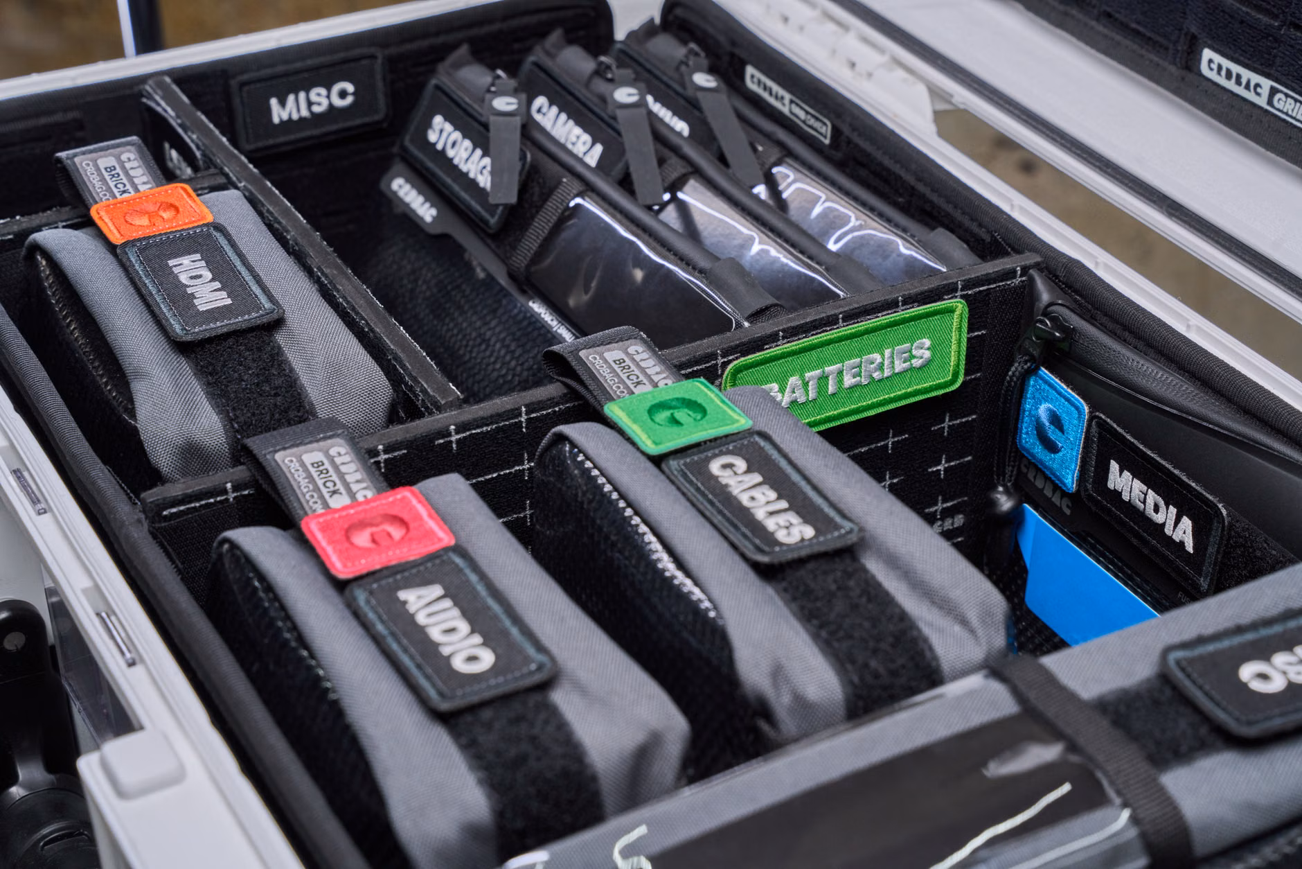 A well-stocked family travel medical kit with labeled pouches for seniors and children.