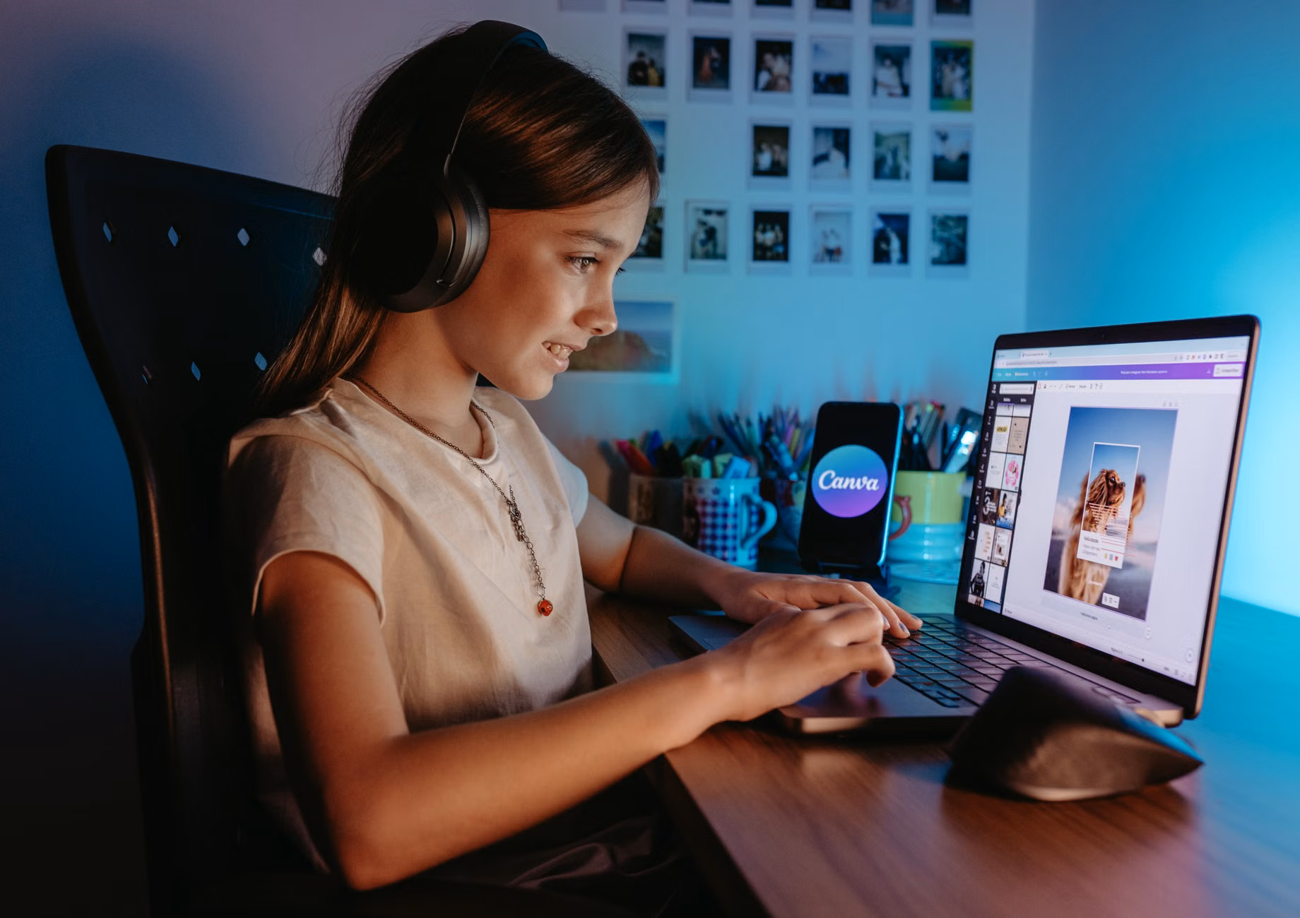 Child using headphones while working on a creative digital drawing app.