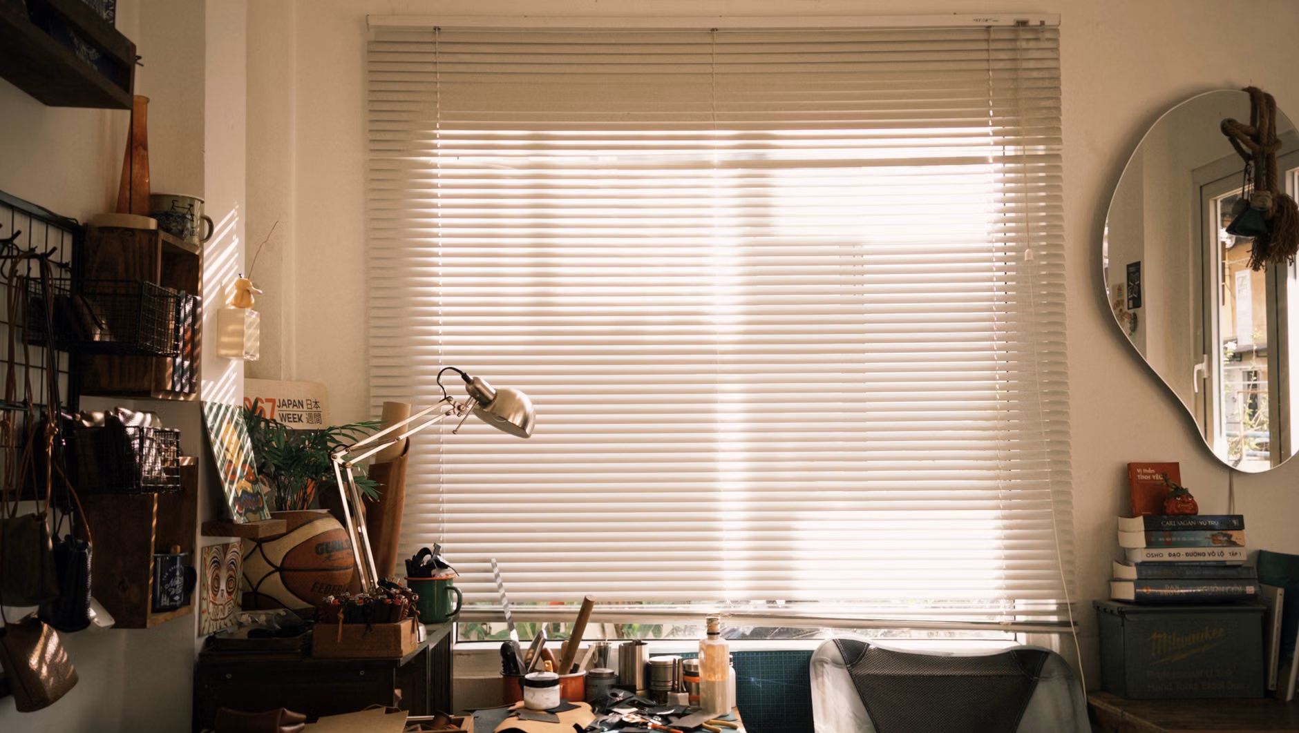 A quiet, minimalist home office space for reflection.