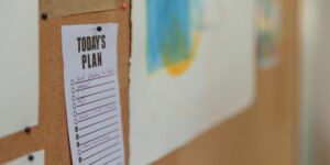 An organized home command center with a visual schedule board for family management.