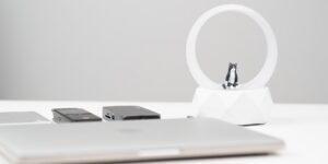 A secure, privacy-focused smart home hub setup on a desk.