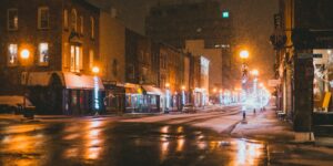 A peaceful historic city street during the quiet off-peak season.