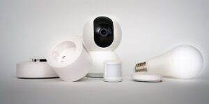 A modern smart home hub setup in a minimalist living room.