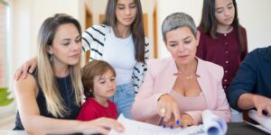 A parent and teenager discussing financial planning at a home kitchen table.