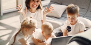 Parents collaborating in a home environment for childcare.