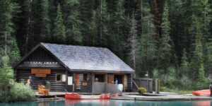 A modern vacation cabin nestled in a scenic forest clearing.