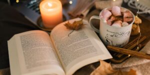A cozy, well-lit reading nook with books and coffee, symbolizing a thoughtful book club environment.
