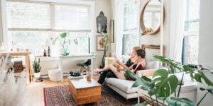 A bright, multi-purpose living room designed with slow-living principles.