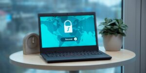 A secure, modern home office setup representing digital safety.