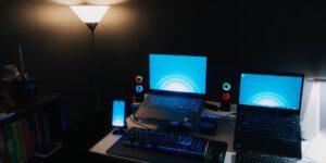 A modern home network storage setup on a desk representing family data security.