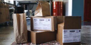 Cardboard delivery boxes in a modern living room representing online shopping.
