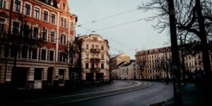 A quiet, empty European street scene during the off-peak season.