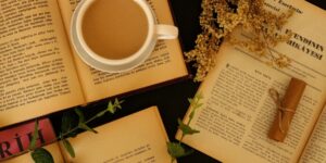 A cozy, inviting book club meeting space with coffee and books.