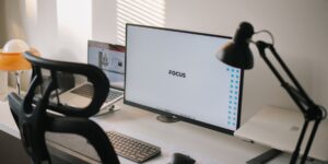 Minimalist home office desk setup designed for productivity and focus.