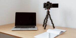 A clean, organized workspace with devices ready for digital photo management.