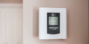 A modern smart home thermostat mounted on a wall in a contemporary living room.