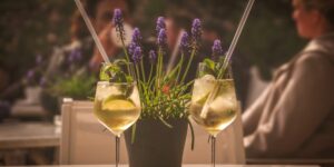 Elegant table setting with zero-proof botanical drinks for a social gathering.