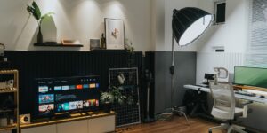 Modern home environment monitoring setup in a sunlit living room