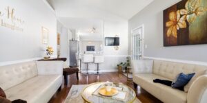 A serene, well-organized living room designed for relaxation and home-based leisure.