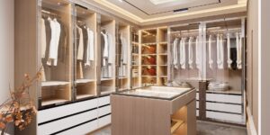 A sophisticated closet showcasing curated luxury items in a bright, organized space.