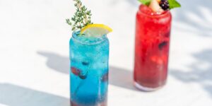 A sophisticated selection of non-alcoholic craft cocktails on a kitchen island.