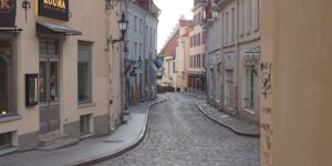 A quiet, empty European street in the early morning, representing the calm of off-peak travel.