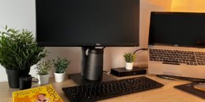 A clean, professional home office setup for a remote worker.