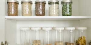 A well-stocked, organized home pantry with various grains and staples.