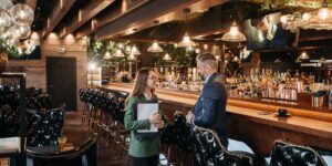 A sophisticated professional networking setting featuring high-end zero-proof cocktails.