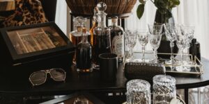 A stylish home bar setup featuring sophisticated zero-proof cocktails for social gatherings.