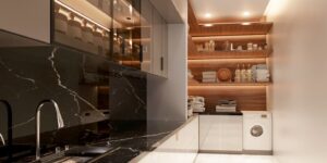 Modern kitchen pantry with digital inventory management for household supplies.