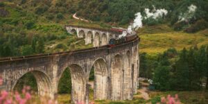 A vintage steam train crossing a stone viaduct during the peak of autumn foliage.