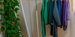 A minimalist, organized family wardrobe representing sustainable fashion choices.