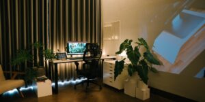 A professional and serene home office setup designed for deep focus.