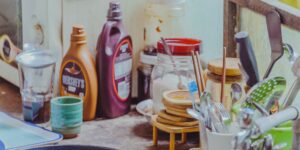 Tools and disassembled kitchen appliance on a counter.