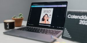 A minimalist workspace featuring a digital calendar and coffee, representing organized family life.