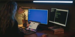 A secure, modern home workspace representing digital security.