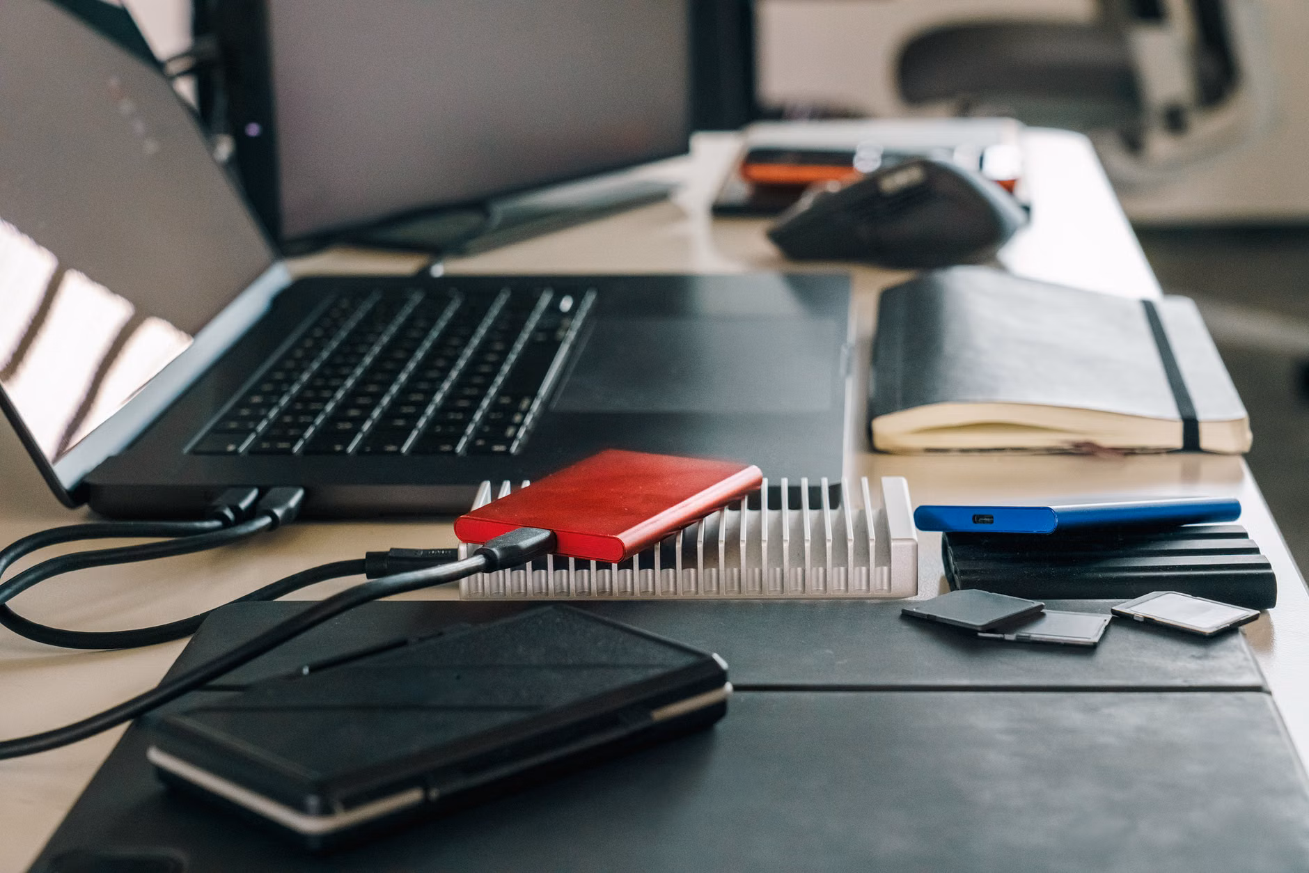 Organized storage for digital archives and external hard drives.