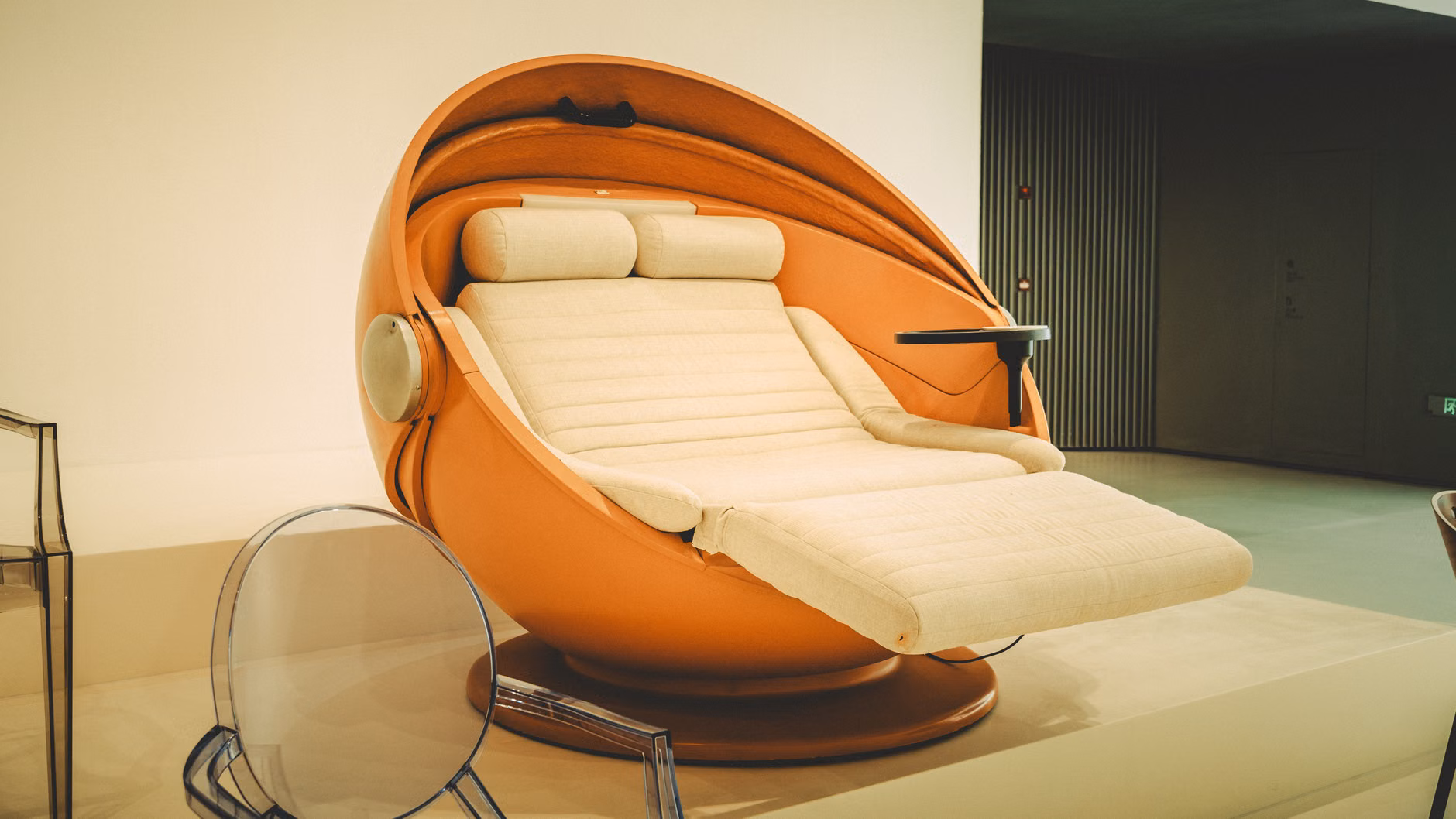 Interior view of a modern, ergonomic residential work-pod.