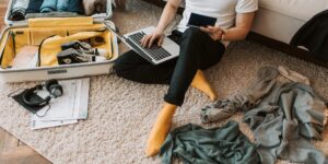 Digital nomad family preparing for an international move in a home office.