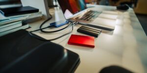 A clean desk setup with an external hard drive representing a local-first photo backup strategy.