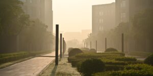A serene, empty city square at sunrise, representing the calm of off-peak travel.