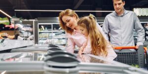 A family shopping for groceries in a modern supermarket.
