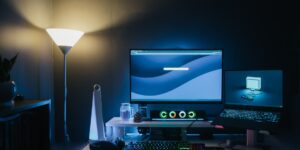 A clean, ergonomic hybrid workspace in a home environment.