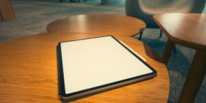 A minimalist workspace with an E-Ink tablet, representing the shift to paperless digital planning.
