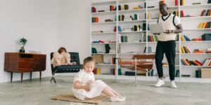 A modern home office transition zone with a play area for children.